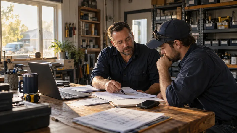 A contractor and a crew lead review printed job plans and a notebook at a workshop desk, with a laptop, a coffee mug and a tape measure beside them and late-afternoon light through the window.