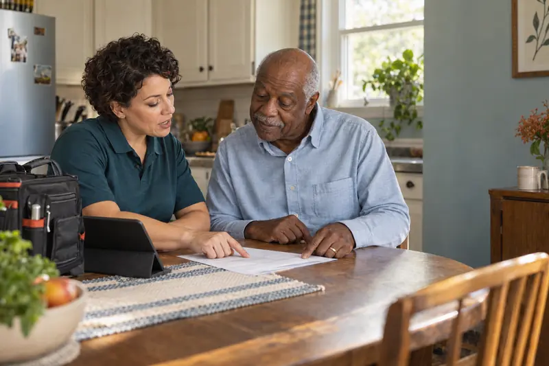 At a kitchen table in a sunlit home, a female plumbing advisor in a dark teal polo reviews a paper estimate with an older male homeowner in a pale blue shirt, with a tablet and tool bag nearby.