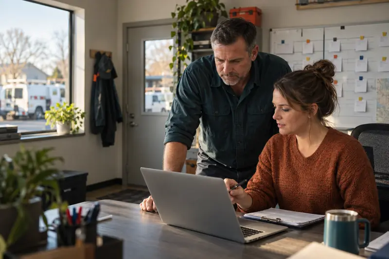 In a small trade-company office, an owner in a dark teal work shirt leans over a desk while a dispatcher in a rust sweater points her pen at a laptop beside a clipboard, with a whiteboard of job cards behind them and work vans outside the window.