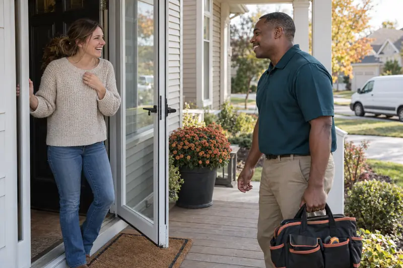 A homeowner holding her storm door open laughs with relief as a plumber in a teal polo arrives on her porch with his tool bag on a bright autumn morning.
