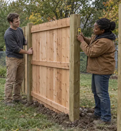Two installers set a new cedar privacy-fence panel between treated posts in a suburban back yard in early fall, one steadying the panel while the other checks a post with a short level.