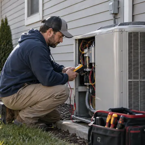 An HVAC technician crouches at an outdoor condenser with the service panel open, reading a handheld meter.