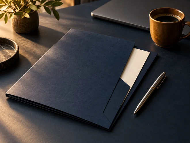 A navy project folder, blank cream paper and silver pen on a dark desk beside a laptop and amber coffee cup.