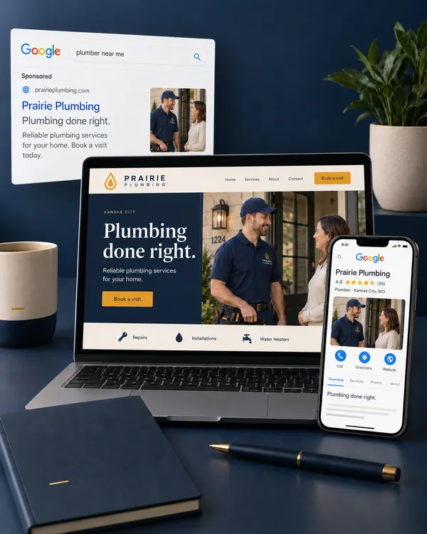 A Google search ad, a website on a laptop and a Google Business Profile on a phone, all for the same plumbing company, on a navy desk.