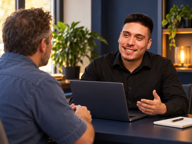 Generated illustration of the KCV Strategic founder discussing a project with a customer across a laptop at a navy desk.