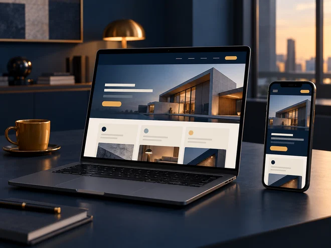 A laptop and phone display matching navy and amber website layouts on a dark desk in warm window light.