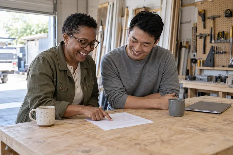 At a plywood workbench in a remodeling shop, an owner in tortoiseshell glasses points to a line on a printed page while her operations lead laughs beside her.