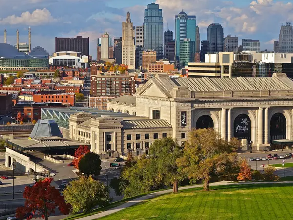 Union Station in Kansas City with the downtown skyline behind it, seen from Liberty Memorial on an autumn afternoon.